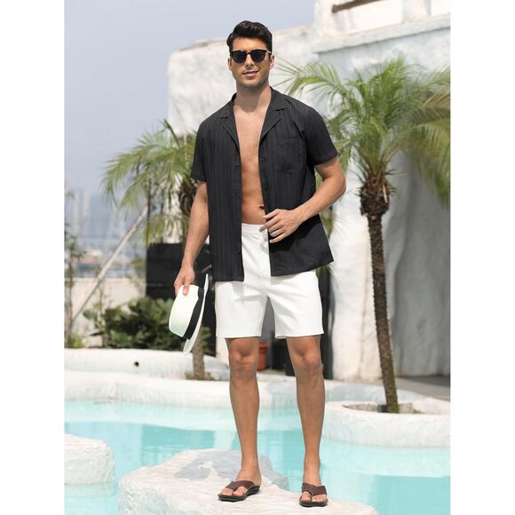 Men Black Casual Cuban Lightweight Short Sleeve Button Down Shirt Textured Beach - Picture 3 of 6